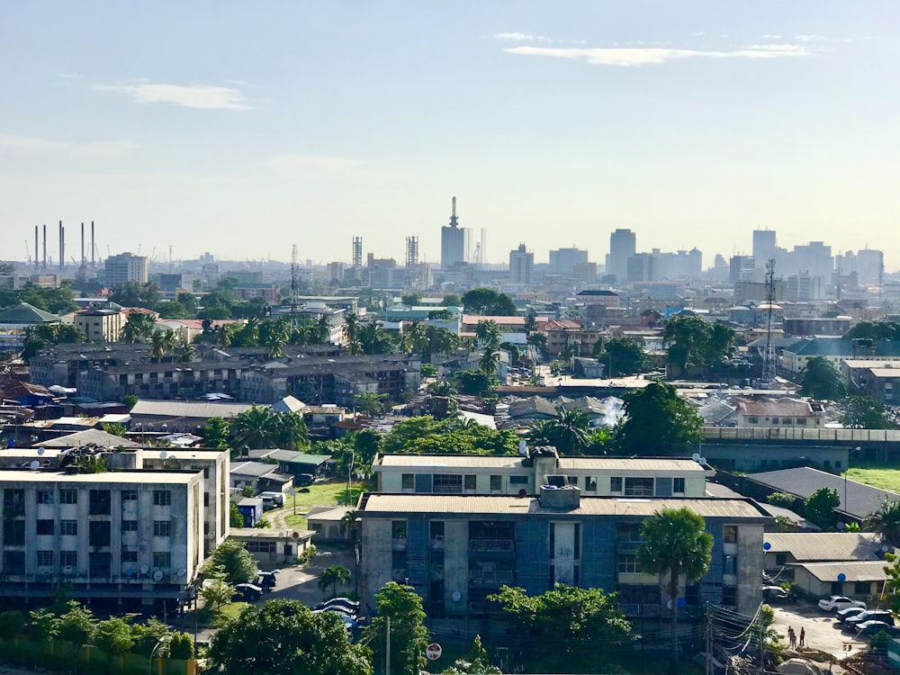 Rooftops and greenery across a Lagos neighbourhood with the skyline behind