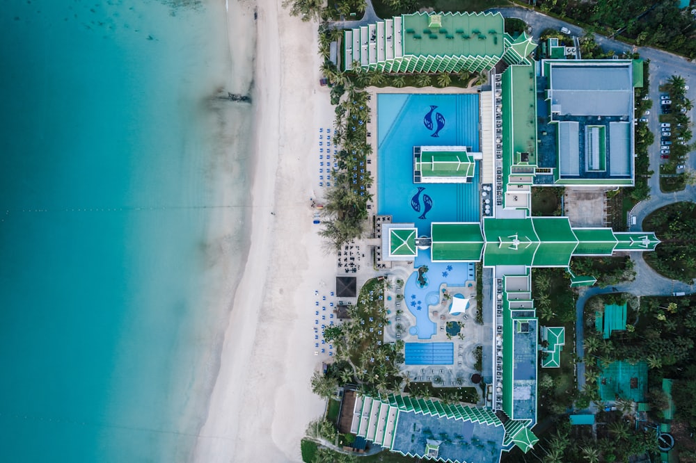 Aerial view of a resort beside the beach