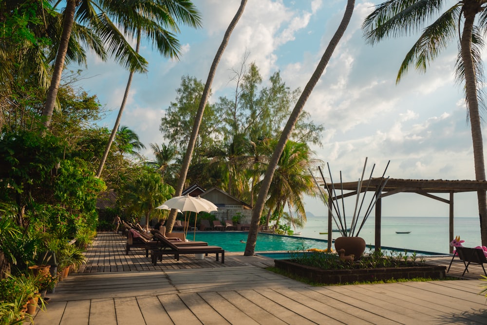Loungers on a wooden deck beside the water